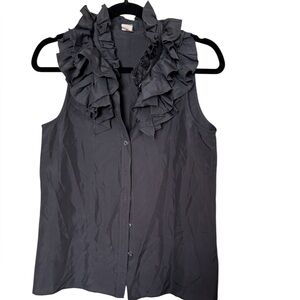 J. Crew Black Sleeveless Ruffle Collar Button-Down Silk Top